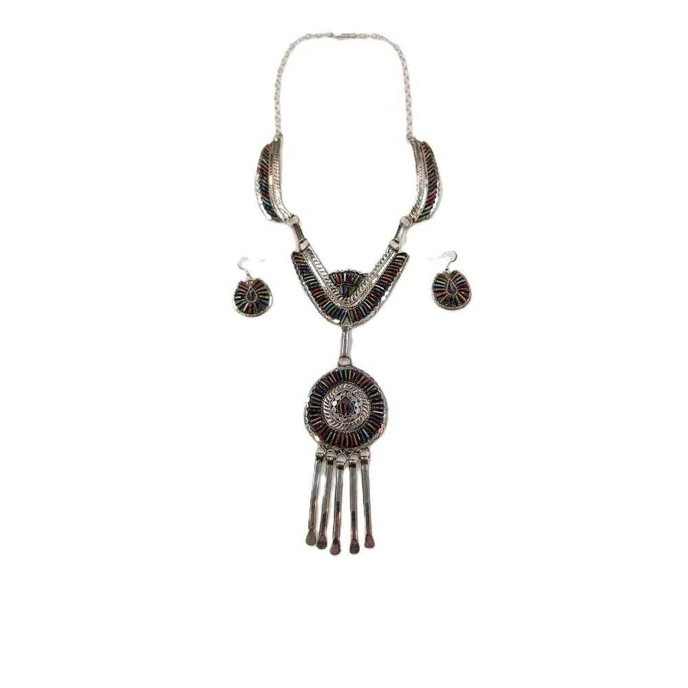Navajo Multi-Stone Petit Needle Point Necklace and Earrings‎ Set jewelry**